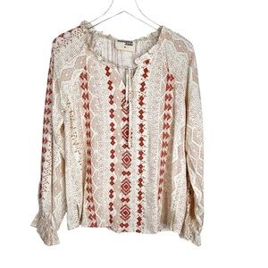 SAVANNA JANE Embroidered Bohemian Peasant Style Blouse Ivory & Rust Orange Med.
